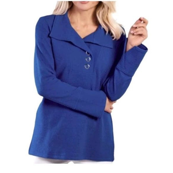 Soft Surroundings Women Large Royal Blue Collared Shirred Textured Knit Top - Picture 1 of 7